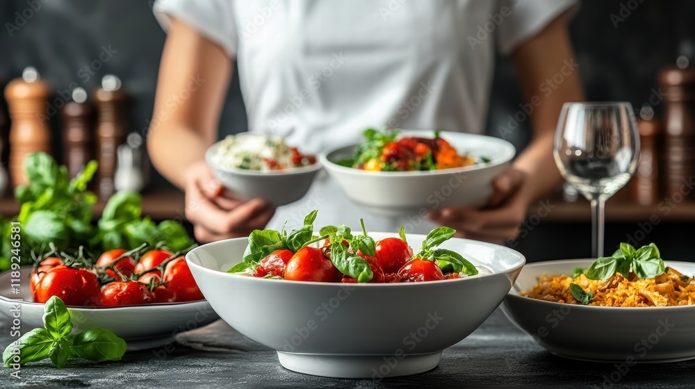 Gourmet Dinner Dishes Display Studio Photography Culinary Art Elegant Setting Close-Up Flavorful Experience Gourmet Dinner Dishes Display Studio Photography Culinary Art Elegant Setting Close-Up Flavorful Experience