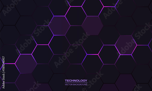Dark hexagon abstract technology background with purple and pink colored bright flashes under hexagon. Hexagonal gaming vector abstract tech background.