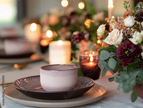 Easter evening with a beautifully set dinner table in a mocha color palette photo