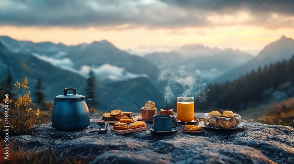 Mountaintop breakfast with tea, juice, pastries, and stunning sunrise view. Mountaintop breakfast with tea, juice, pastries, and stunning sunrise view.