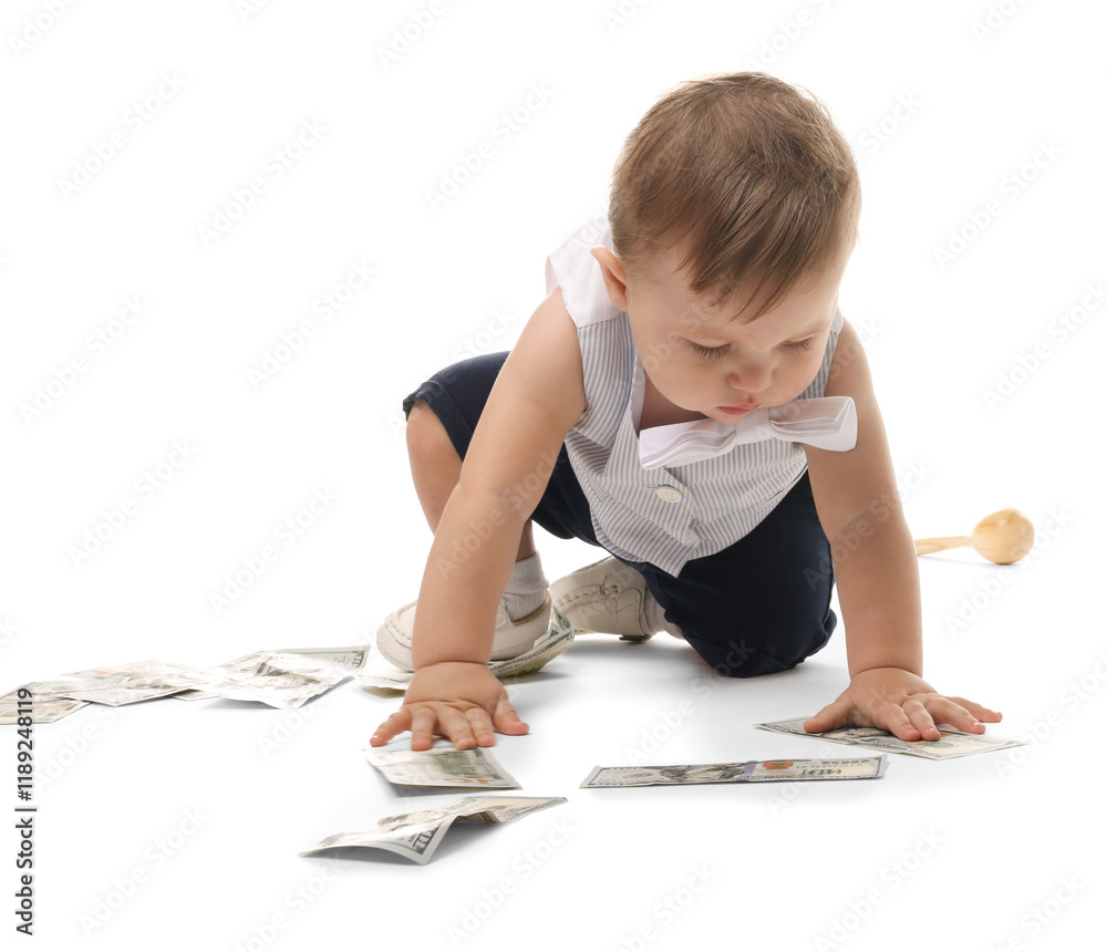 Little baby with money on white background Little baby with money on white background