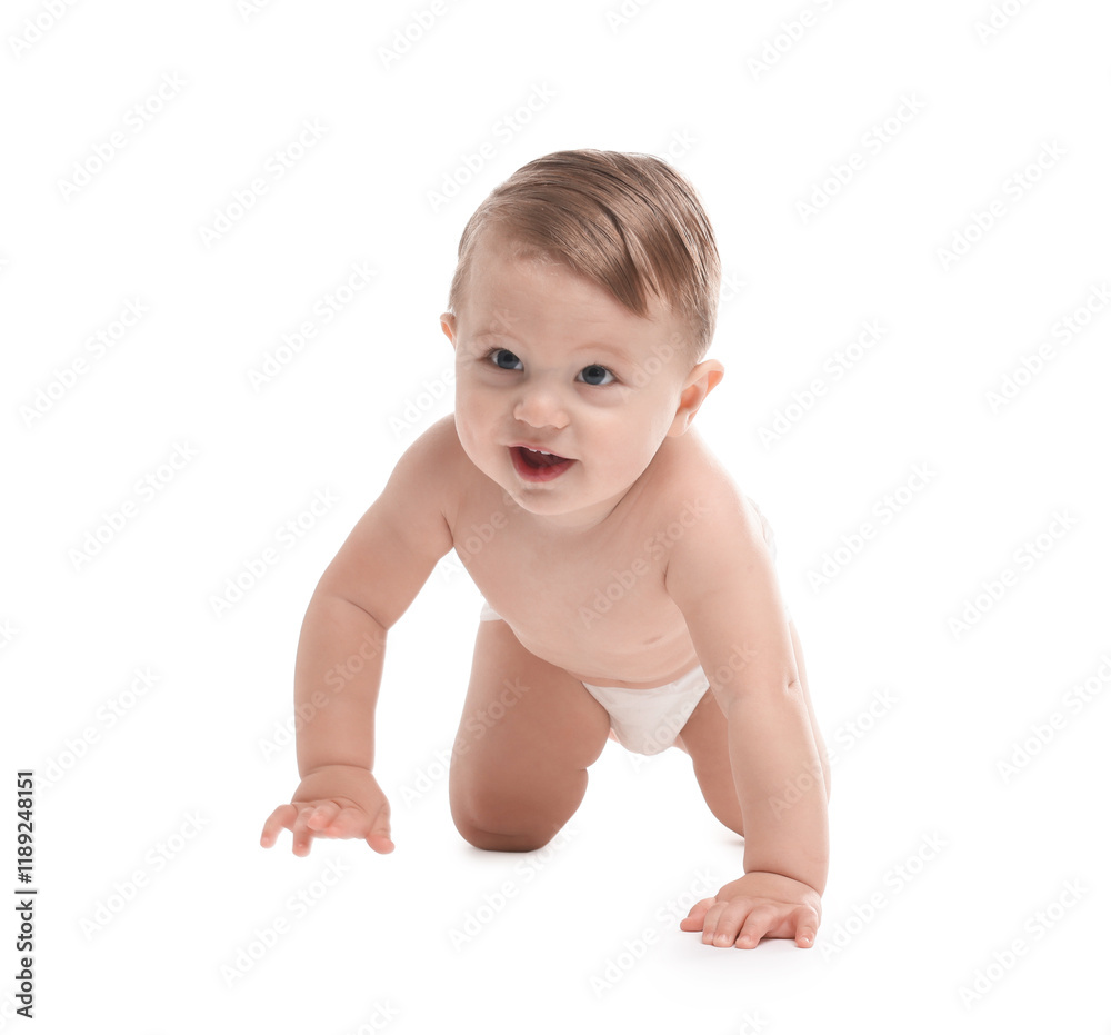 Cute little baby in diaper on white background Cute little baby in diaper on white background