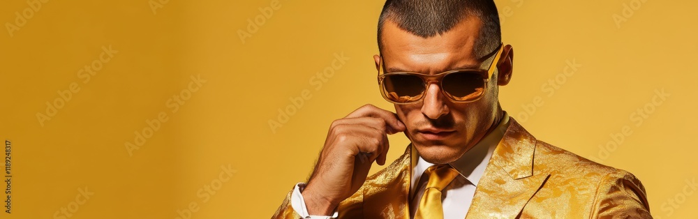 Obraz premium Stylish man dressed in golden suit with sunglasses and confident demeanor
