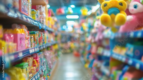 Wallpaper Mural Toy Aisle: A colorful and inviting aisle stocked with vibrant toys and plush characters, the perfect setting for a child's imagination to run wild. This image evokes a sense of playfulness and joy.   Torontodigital.ca