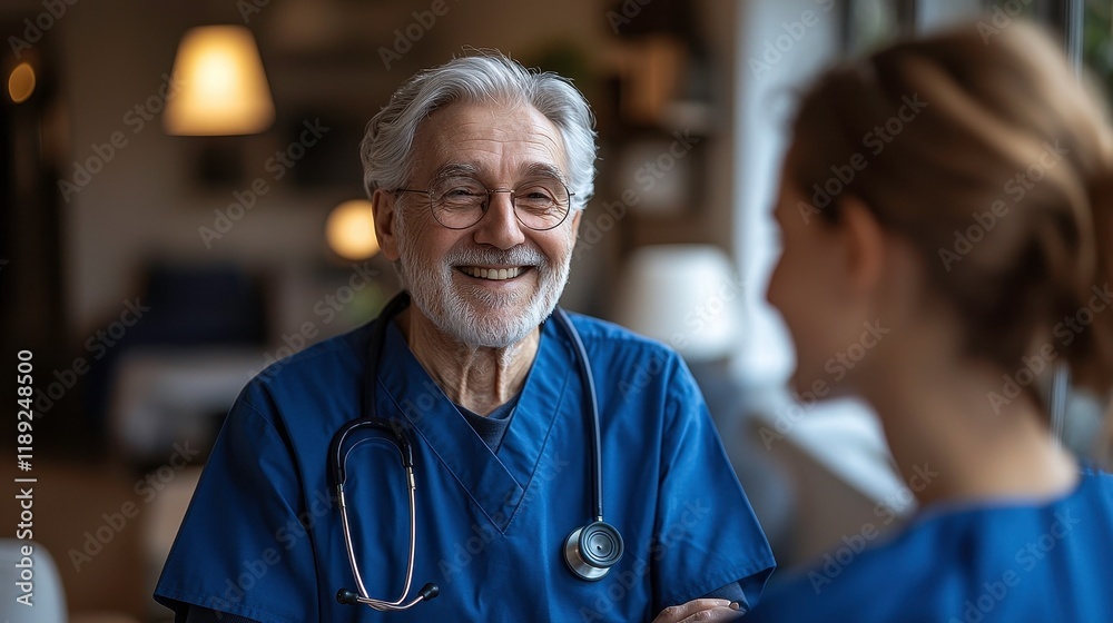 Warm Greeting of Caregivers in Blue Shirts Healthcare Setting Photo Indoor Environment Close-up View Elderly Care Concept Warm Greeting of Caregivers in Blue Shirts Healthcare Setting Photo Indoor Environment Close-up View Elderly Care Concept