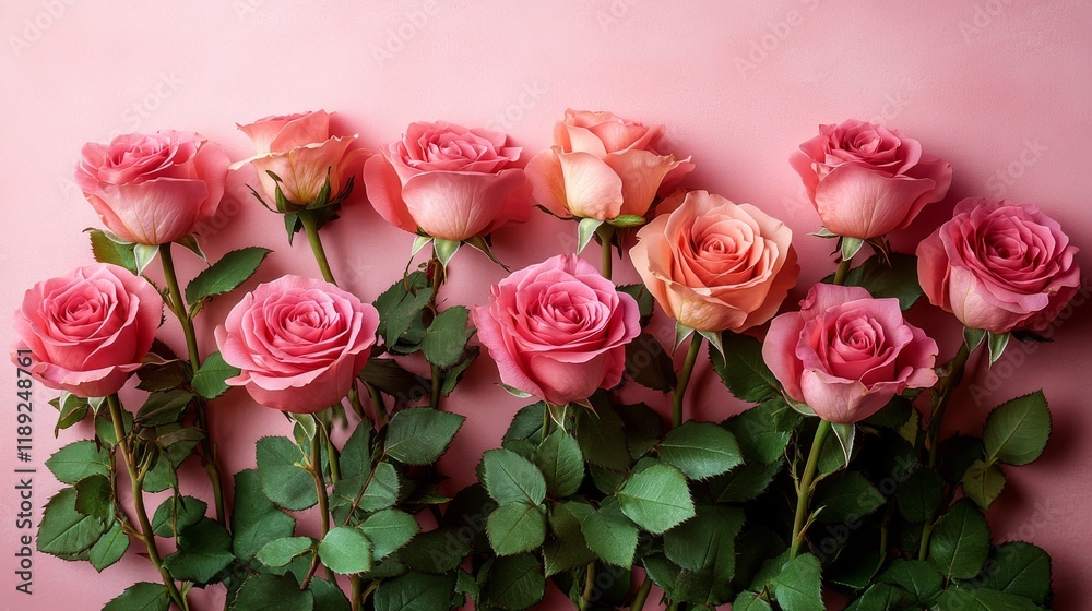Elegant pink roses on soft pink background - romantic floral flat lay for invitations and decor
