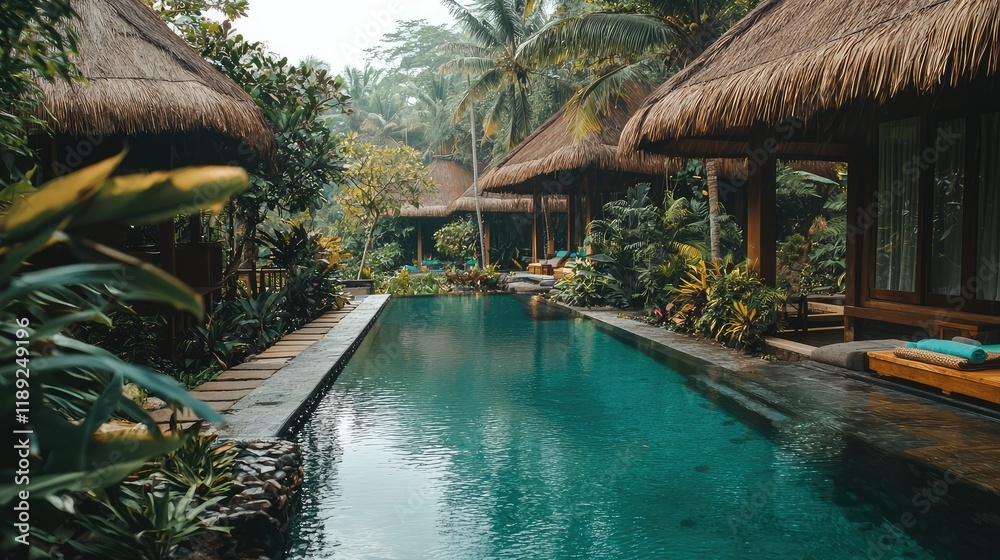 Fototapeta premium Serene Tropical Poolside Retreat with Lush Greenery and Thatched Huts