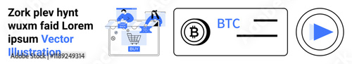 Business team interacting with data charts and ecommerce icons. Bitcoin symbol and play button. Ideal for financial services, ecommerce, data analysis, cryptocurrency, investment, online marketing