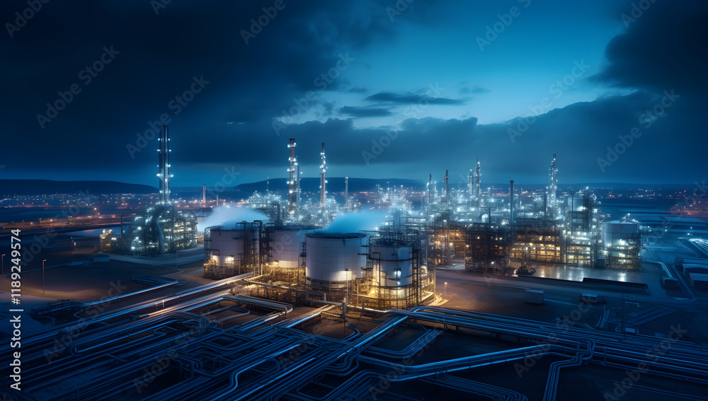 is depiction of a factory with a city in the backdrop is depiction of a factory with a city in the backdrop