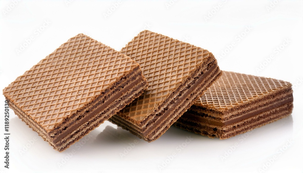 The image showcases a stack of layered chocolate wafers. The image showcases a stack of layered chocolate wafers.
