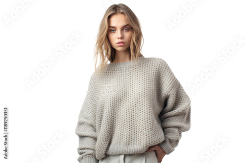 Comfortable oversized women's sweater in light gray, featuring a loose knit texture and slouchy sleeves for a casual look. photo