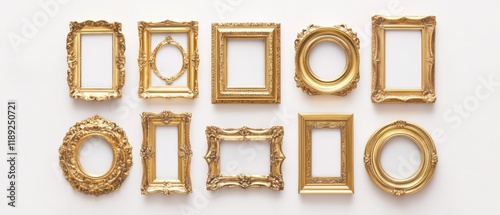 Fototapeta Naklejka Na Ścianę i Meble -  ten empty gold picture frames arranged on a white background