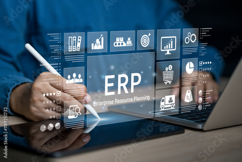 Enterprise resource planning concept. Businessman using tablet and laptop for business management planning and company improvement. Technology, Network, Enterprise resource planning.