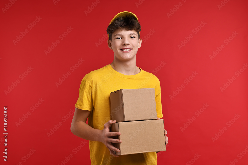 Teenage boy with parcels working as courier on red background Teenage boy with parcels working as courier on red background