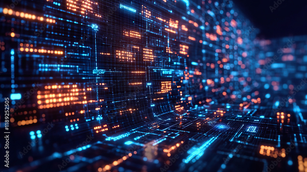 Fototapeta premium Curved structure of illuminated digital circuits in blue and orange, representing modern technology and connectivity. Generated with AI.