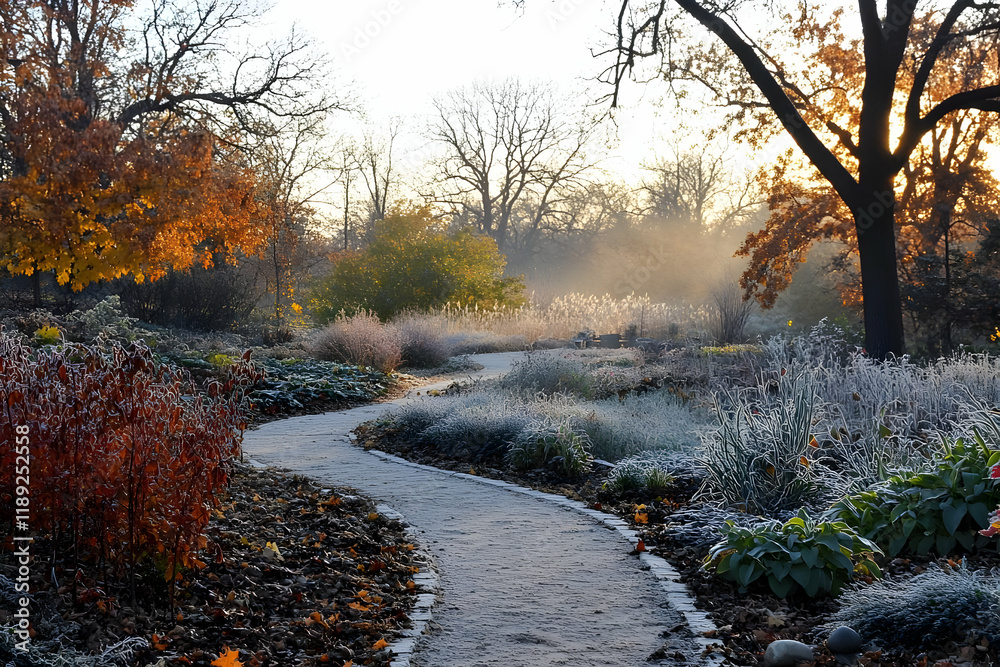 A serene pathway meanders through a frosty garden at dawn, surrounded by colorful foliage. A serene pathway meanders through a frosty garden at dawn, surrounded by colorful foliage.