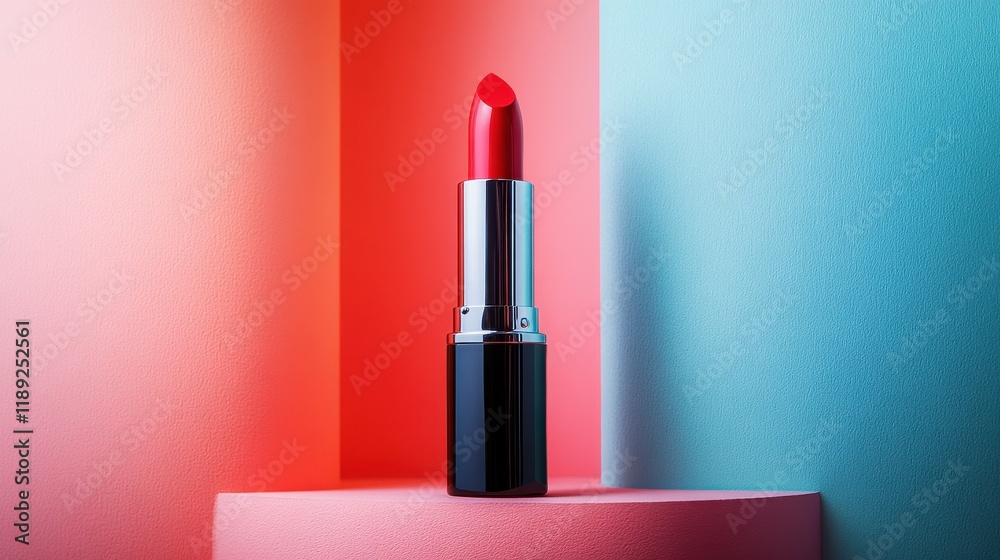 Vibrant Red Lipstick Displayed Against a Colorful Background, Perfect for Makeup and Beauty Advertisements for Women Empowerment and Glam Vibrant Red Lipstick Displayed Against a Colorful Background, Perfect for Makeup and Beauty Advertisements for Women Empowerment and Glam