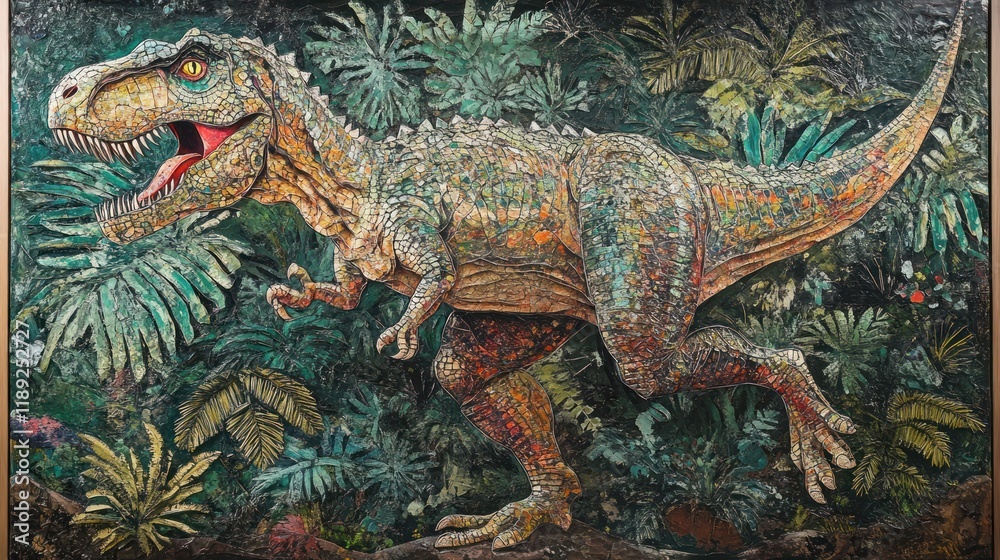 A vibrant mosaic-style Tyrannosaurus Rex amidst a lush jungle. A vibrant mosaic-style Tyrannosaurus Rex amidst a lush jungle.