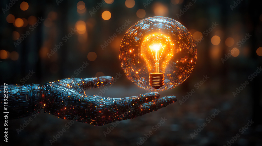 Fototapeta premium Robotic hand with glowing patterns holding a light bulb in a lit forest, emphasizing technological innovation. Generated with AI.