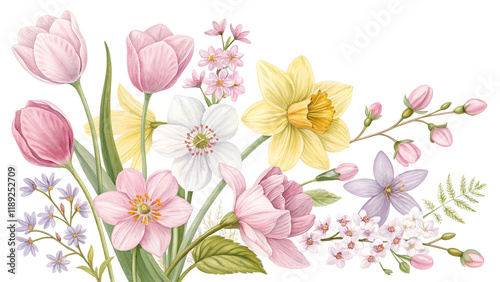 Delicate bouquet of hand-painted spring flowers including tulips and daffodils on a white background