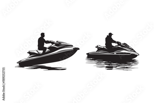 Jet Ski Silhouettes of Riders on Water in Black and White Vector Illustration