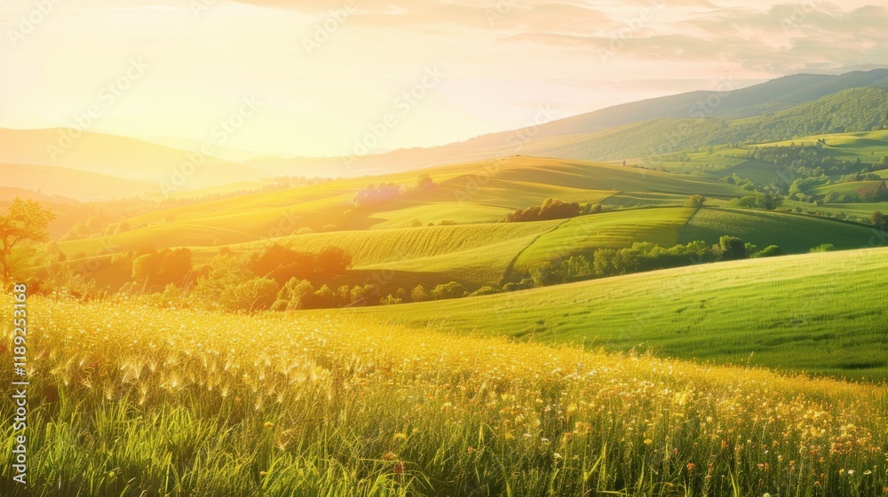 Fototapeta premium a serene countryside landscape painted with the colors of dawn, with gentle hills and meandering streams bathed in soft morning light, white space in the center of the page for text