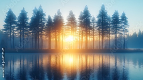 Sunrise over a misty lake with silhouetted pine trees
