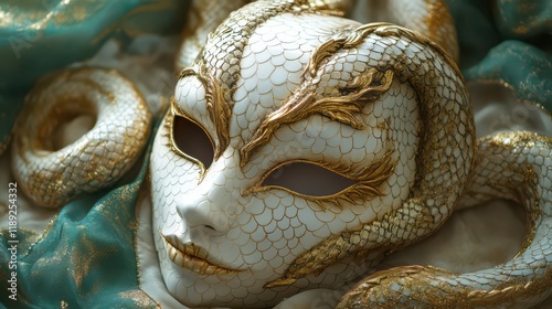 Exquisite Ivory Masquerade Mask with Snake Motif and Golden Accents photo