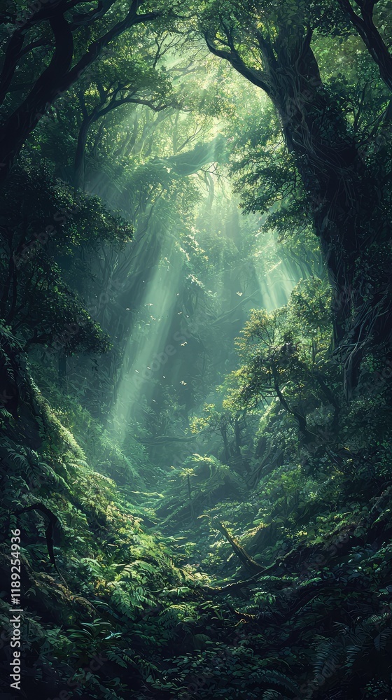 Obraz premium Enchanted Forest with Lush Greenery and Sunlight Beams