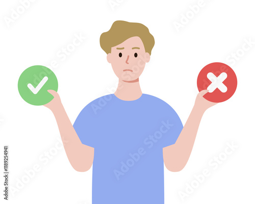 Confused man holding yes or no signs. Opportunity, choice, decision, debate concept. Flat character vector design isolated illustration.