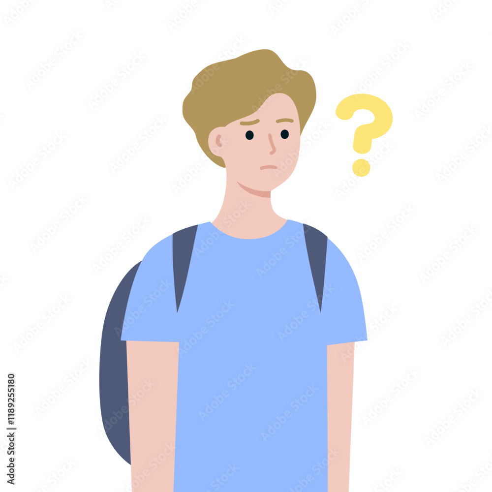 Confused teenager boy student with question mark. Education, problem solving, idea, challenge, decision, brainstorm, solution concept. Flat character vector design illustration. Confused teenager boy student with question mark. Education, problem solving, idea, challenge, decision, brainstorm, solution concept. Flat character vector design illustration.