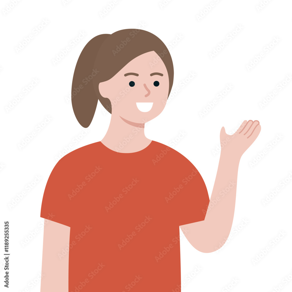 Smiling child girl introducing and explaining. Presentation, information, guidance, idea concept. Flat character vector design isolated illustration Smiling child girl introducing and explaining. Presentation, information, guidance, idea concept. Flat character vector design isolated illustration