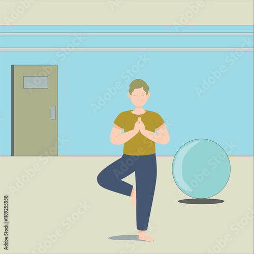 Man doing yoga tree pose at gym with a fitness ball and a door in the back