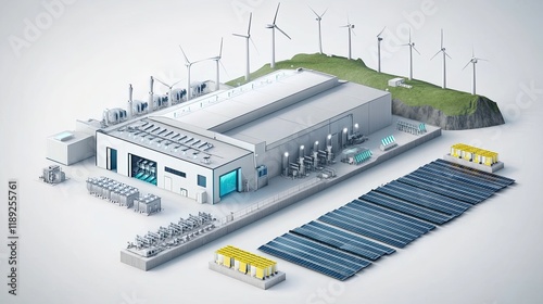 Isometric illustration of a sustainable energy factory with wind turbines, solar panels, and battery storage.