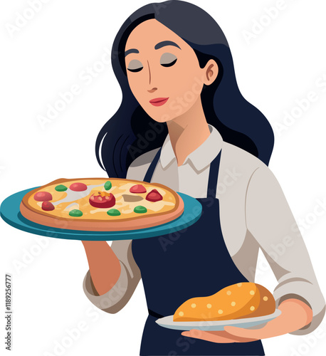 Waitress holding pizza and bread, smelling the delicious aroma