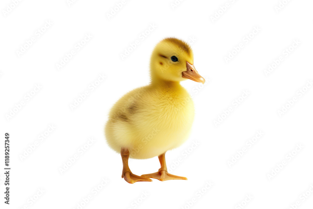 Side view of a cute yellow duckling with tiny wings folded against its fluffy body, beak slightly open as if chirping. Side view of a cute yellow duckling with tiny wings folded against its fluffy body, beak slightly open as if chirping.