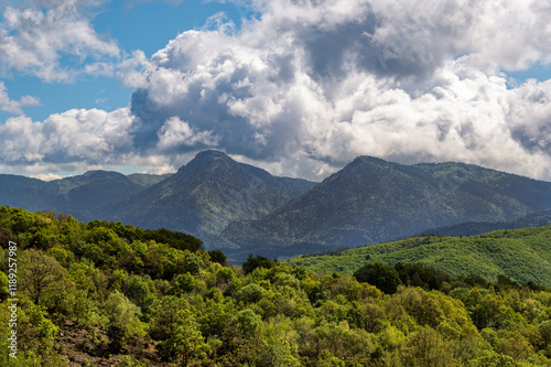 Mountain landscape with clouds at the area of Zagori, Epirus, Greece in Spring