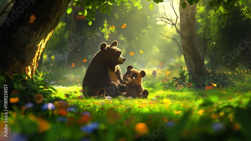 Mother bear and cub relaxing in a sunny forest clearing