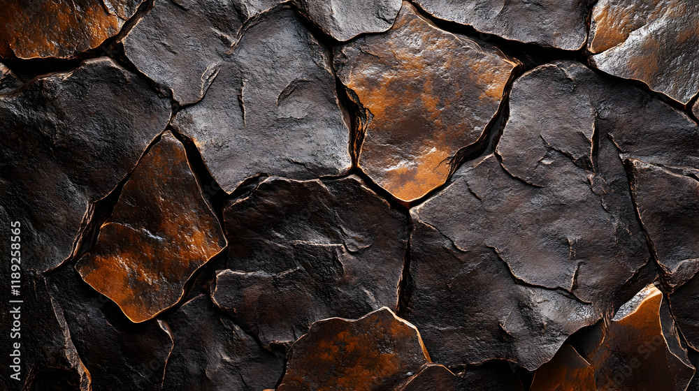 Dark chocolate-brown rock texture with jagged cracks and soft highlights of caramel and amber tones Dark chocolate-brown rock texture with jagged cracks and soft highlights of caramel and amber tones
