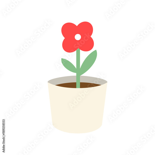 Red flower potted plant. Plant, natural, home decor, blossom, care concept. Flat decorative vector design isolated illustration.