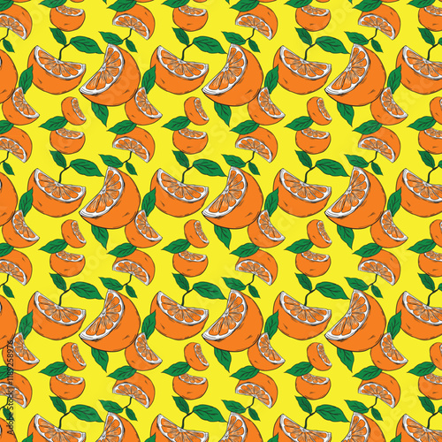 Orange slice with green leaves vector illustrationSeamless pattern of yellow with leaves growing on a turquoise background photo