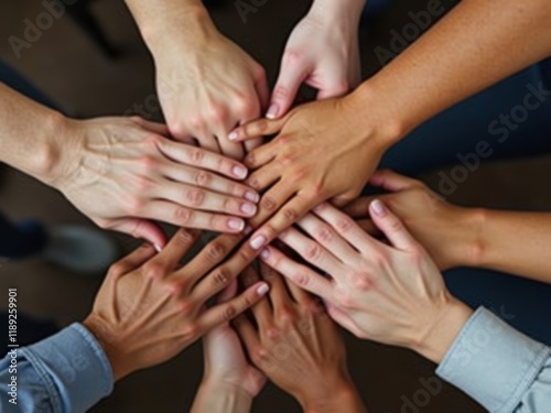 Close-up of diverse hands stacked together in a gesture of teamwork, solidarity, and collaboration, symbolizing unity and support.
 photo