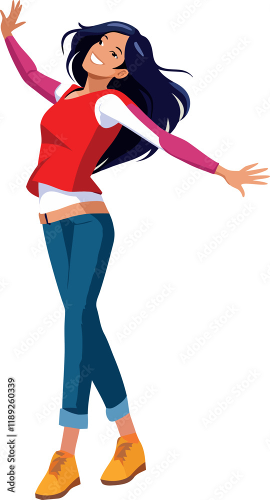 Happy young woman jumping with open arms and smiling Happy young woman jumping with open arms and smiling