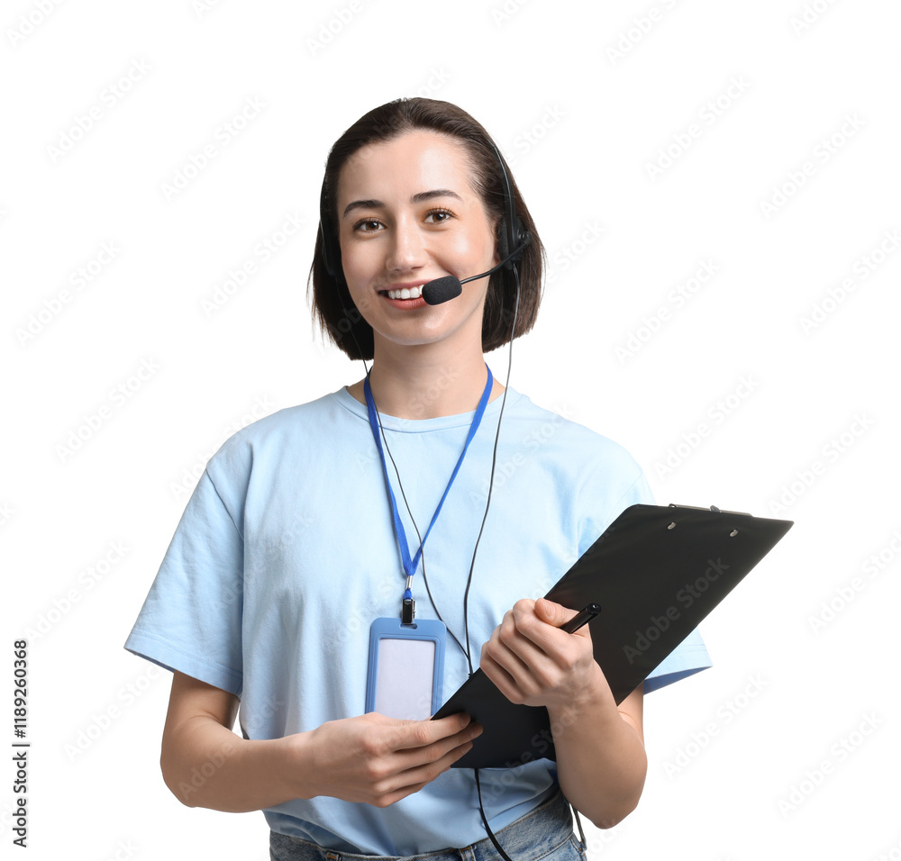 Technical support call center. Smiling operator with clipboard on white background Technical support call center. Smiling operator with clipboard on white background