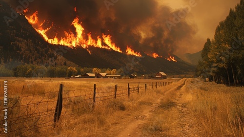 Dramatic panoramic view of a massive forest fire endangering a nearby urban cityscape