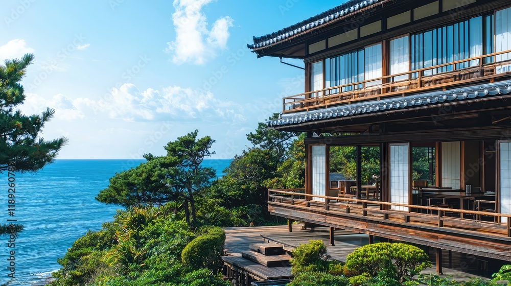 Obraz premium Scenic Ocean View from Modern Traditional Japanese House
