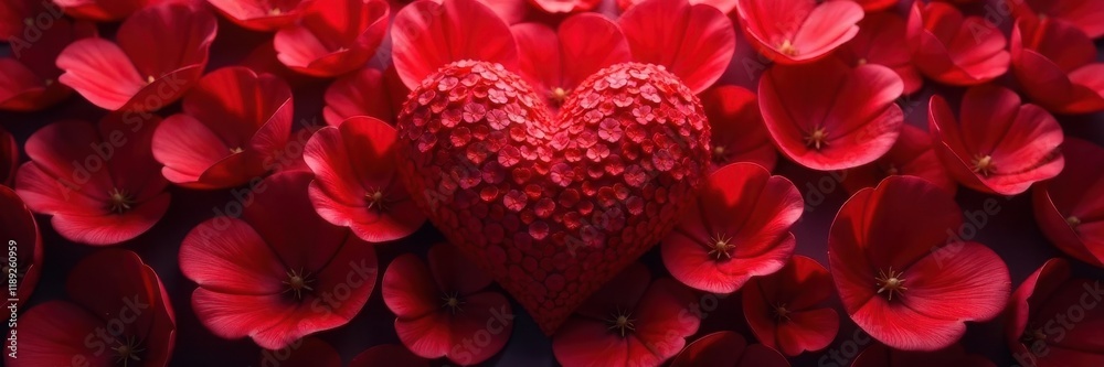 Crimson rose petals encircle a realistic heart , affection, background, red