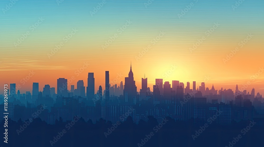 Obraz premium Silhouette of a city skyline at sunrise, showing various buildings against a vibrant orange and blue sky.