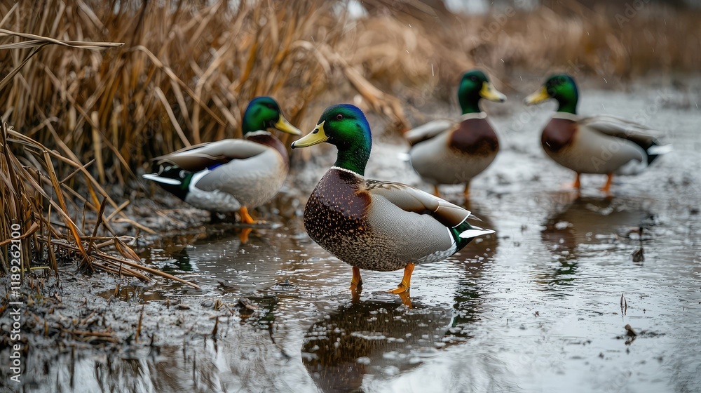 Majestic Mallard Ducks Roaming Near Calm Water in Wetland Environment Majestic Mallard Ducks Roaming Near Calm Water in Wetland Environment