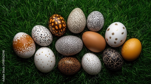 A collection of Easter eggs with intricate patterns displayed on fresh green grass